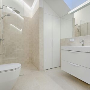 Bright and luxurious bathroom with contemporary fixtures and sleek design.